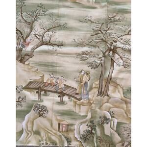 2 SCALAMANDRE Chinoiserie Rural Pastoral Scene Lime Cotton 26"x26" Samples